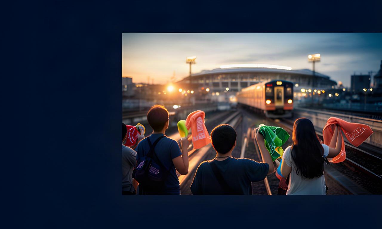 夕暮れの野球場へ向かう遠征列車と応援グッズを持つファンの後ろ姿