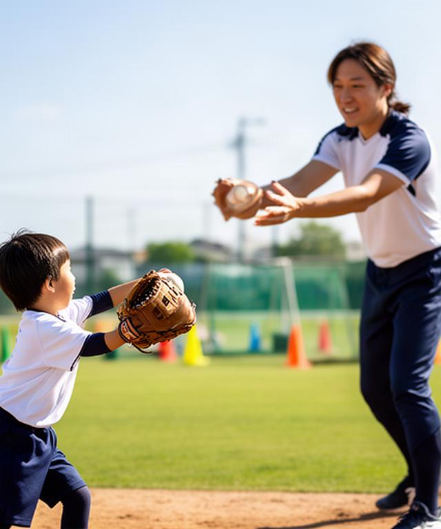 伊達市の親子野球教室で子どもがコーチとキャッチボールをする様子