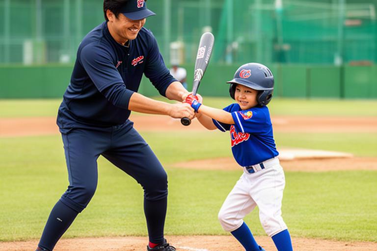 少年野球場で子どもにバッティングを教える元高校球児の父親コーチ