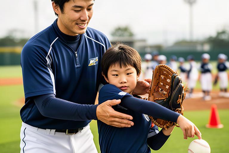 地域の野球教室で小学生の投球フォームを支える大学野球部員