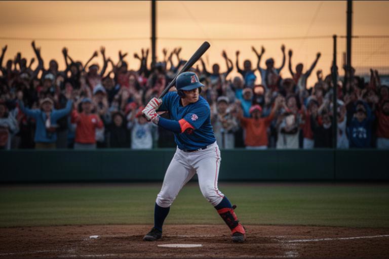 夕方の野球場で打席に立つ選手と外野席から応援する福島のファン