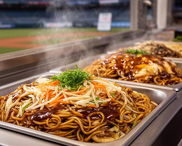 甲子園球場の売店に並ぶ焼きそばと地元風味のソース料理