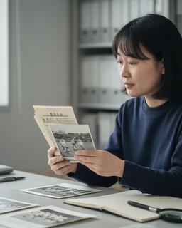 福島の野球資料を手に取材する野球ライターのマリアナ Noguti