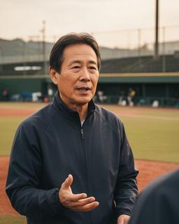 伊達市の野球場で話す元高校野球監督のうさぎ Masaharu